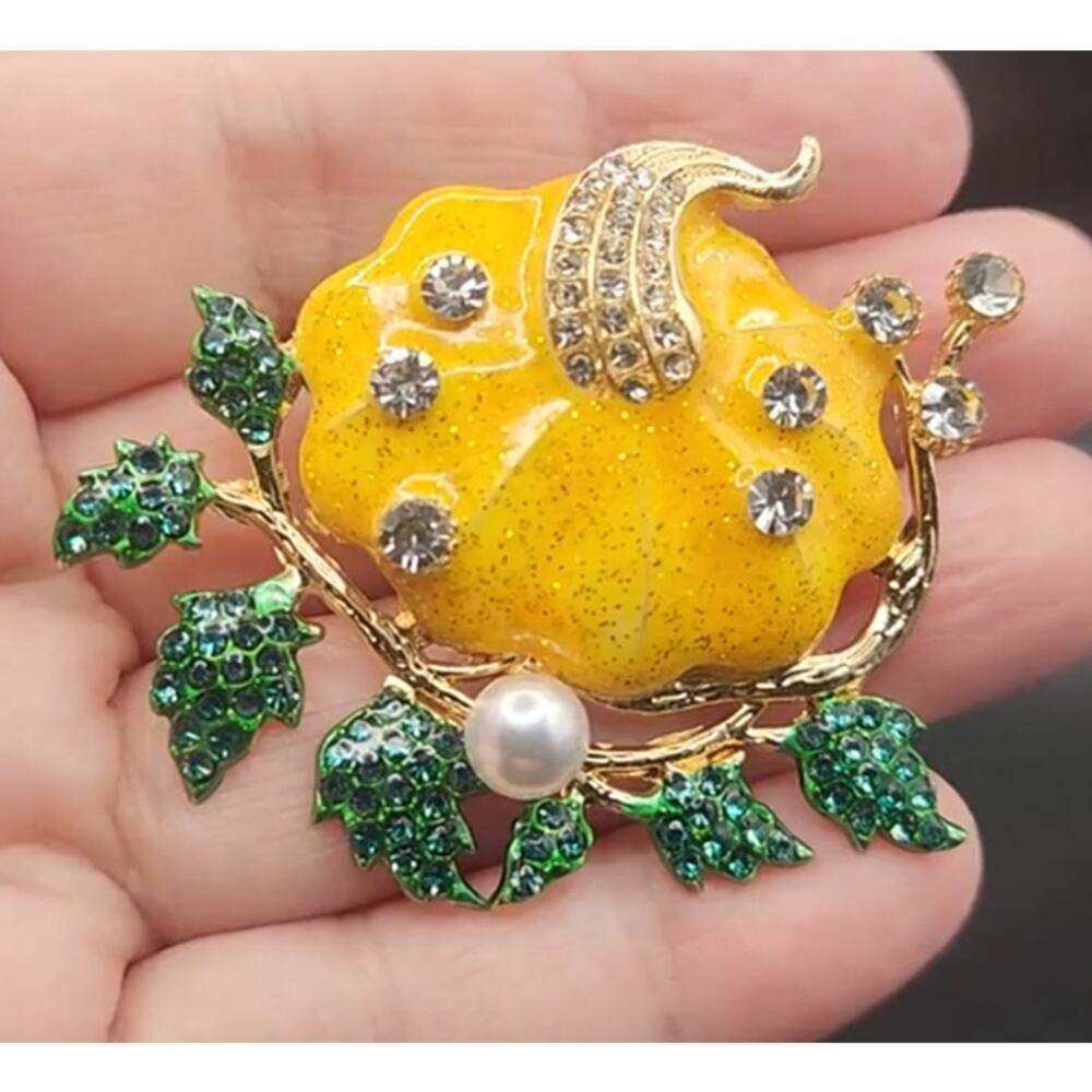 Pumpkin and Vines Brooch Faux Pearl Rhinestones and Enamel Autumn Fall Harvest